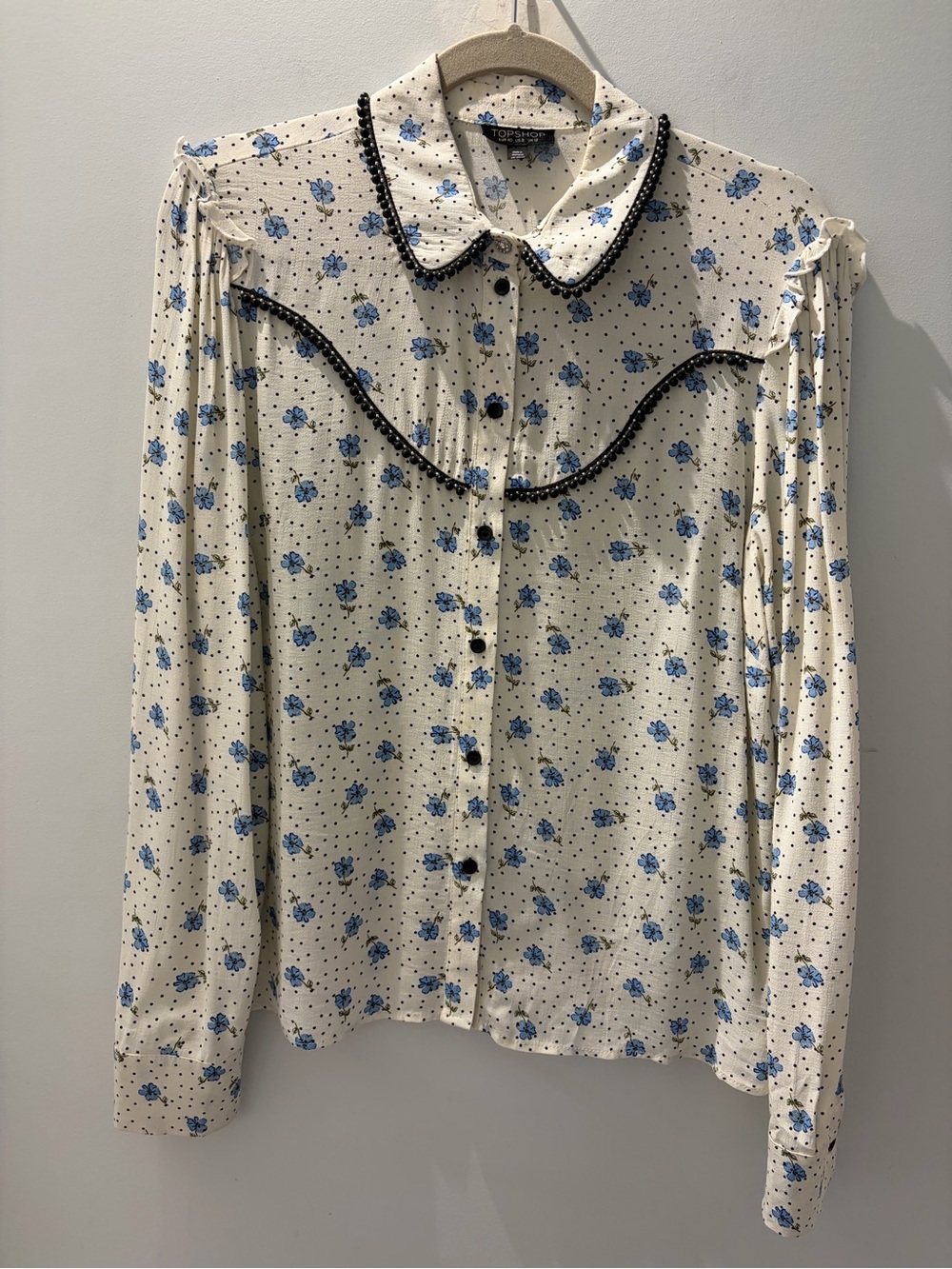 Topshop Floral Polka Dot Beaded Trim Blouse | Peter Pan Collar | Size 8 - Picture 2 of 6